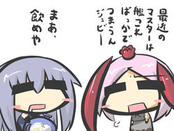  2girls arnval_mk2_tempesta blue_hair blush_stickers busou_shinki chibi commentary_request goma_(gomasamune) juvisy multiple_girls pink_hair sigh translated white_background 