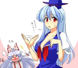  2girls ^^^ blush breasts cleavage commentary_request fujiwara_no_mokou hands hanjuku_tomato hat kamishirasawa_keine long_hair medium_breasts multiple_girls surprised touhou translated 