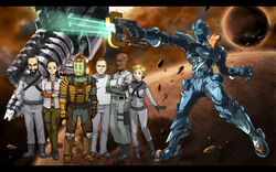  2girls 4boys animification armor assault_visor battle blue_visor challus_mercer commentary_request dead_space dead_space_2 everyone green_visor gun gundam gundam_00 isaac_clarke kendra_daniels kojamerii letterboxed multiple_boys multiple_girls nicole_brennan parody photoshop_(medium) planet plasma_cutter science_fiction smile space spacecraft terrence_kyne thick_eyebrows usg_ishimura_(dead_space) weapon zach_hammond 