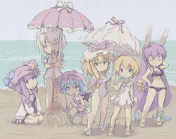  6+girls alice_margatroid animal_ears bat_wings beach bikini blood commentary_request izayoi_sakuya matching_shanghai multiple_girls nosebleed ocean oto parasol patchouli_knowledge photoshop_(medium) rabbit_ears reisen_udongein_inaba remilia_scarlet sand_castle sand_sculpture shanghai_doll swimsuit touhou umbrella wings yakumo_yukari 