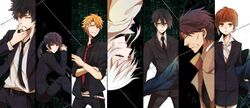  2girls 5boys bad_id bad_pixiv_id black_hair blue_eyes brown_eyes brown_hair cigarette closed_eyes coat column_lineup formal ginoza_nobuchika glasses highres kagari_shuusei kougami_shin&#039;ya kunizuka_yayoi long_hair makishima_shougo masaoka_tomomi multiple_boys multiple_girls necktie orange_hair ponytail psycho-pass purple_eyes short_hair smile smoking suit supika_(piyuki0911) tsunemori_akane upside-down yellow_eyes 