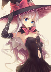  armpits backlighting black_dress black_hair blue_eyes bow capelet commentary_request culter dress elbow_gloves female gloves hand_on_headwear hat hat_bow highres long_hair looking_at_viewer melty_(shining_hearts) navel navel_piercing piercing pointy_ears shining_(series) shining_hearts silver_hair smile solo strapless strapless_dress very_long_hair witch_hat 