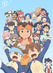  3girls 6+boys amagi_daichi aoyama_shunsuke bad_id bad_pixiv_id ball blue_eyes blue_hair blush brown_eyes brown_hair camera closed_eyes endou_mamoru everyone glasses goggles green_eyes hamano_kaiji hayami_tsurumasa headband highres ichino_nanasuke inazuma_eleven_(series) inazuma_eleven_go kageyama_hikaru kamijou_shoutarou kariya_masaki kirino_ranmaru kurama_norihito kurumada_gouichi matsukaze_tenma multiple_boys multiple_girls nishiki_ryouma nishizono_shinsuke no_pupils open_mouth photoshop_(medium) pink_hair red_eyes red_hair sangoku_taichi seto_midori shindou_takuto short_hair sleeves_rolled_up smile soccer_ball sorano_aoi tsurugi_kyousuke yamana_akane 