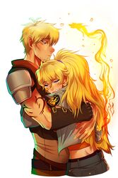  1boy absurdres ahoge amputee arm_tattoo armor blonde_hair blue_eyes brown_gloves closed_eyes comforting crying dragon eastern_dragon elbow_gloves facial_hair father_and_daughter female fingerless_gloves fire from_side gloves hair_tie height_difference high_ponytail highres hug long_hair midriff ponytail pricklyalpaca rwby shoulder_armor simple_background standing taiyang_xiao_long tattoo tears very_long_hair white_background yang_xiao_long 