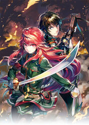  1boy black_eyes black_legwear brown_hair crossbow dual_wielding female green_skirt holding holding_sword holding_weapon ikuta_sorouku long_hair looking_at_viewer military military_uniform official_art pantyhose pleated_skirt red_eyes red_hair sanbasou skirt sword tenkyou_no_alderamin uniform weapon yatorishino_xam 