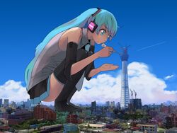  aqua_eyes aqua_hair bare_shoulders black_footwear black_skirt black_thighhighs blue_necktie blue_sky boots building city cityscape cloud collared_shirt commentary_request crane_(machine) day detached_sleeves female full_body giant giantess guitar_(guitars) hands hatsune_miku implied_pantyshot long_hair necktie official_art outdoors photoshop_(medium) pleated_skirt real_world_location scenery shirt short_sleeves skirt sky solo squatting sumida_(tokyo) sweatdrop thigh_boots thighhighs time_machine_(vocaloid) tokyo_(city) tokyo_skytree tower twintails very_long_hair vocaloid wide-eyed zettai_ryouiki 