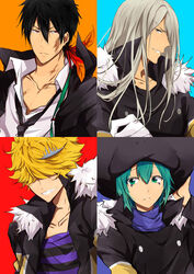  absurdres belphegor_(reborn) blonde_hair closed_mouth commentary_request fran_(reborn) gloves green_eyes hair_over_eyes highres katekyo_hitman_reborn! long_hair male_focus matsurinnu multiple_boys shirt simple_background smile striped_clothes striped_shirt superbi_squalo tiara varia xanxus 