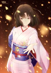  artist_name brown_eyes brown_hair commentary_request cowboy_shot female floating_hair hair_between_eyes japanese_clothes kara_no_kyoukai kimono long_hair obi obiage obijime outstretched_arm pink_kimono ryougi_shiki sash smile solo standing yeh_(354162698) yukata 