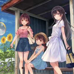  3girls :d bench black_hair blue_skirt brown_hair brown_hat bus_stop cloud collarbone commentary_request cropped day denim denim_skirt dress flower fukahire_(ruinon) half_updo hands_on_own_knees hat holding long_legs looking_at_viewer low_twintails multiple_girls off-shoulder_shirt off_shoulder open_mouth original outdoors pocketbook purple_dress shirt short_hair short_sleeves siblings sisters sitting skirt sky smile sorai_kanami sorai_mahiru_(fukahire) sorai_yuuka standing sundress sunflower twintails white_dress 