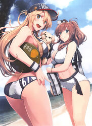  2girls :d absurdres ass bag baseball_cap beach bikini blonde_hair blue_eyes bracelet breasts brown_hair canine cleavage cloud cloudy_sky day dutch_angle hair_between_eyes hat high_side_ponytail highres iowa_(kancolle) jewelry kantai_collection large_breasts long_hair multiple_girls navel official_art open_mouth outdoors photoshop_(medium) ponytail saratoga_(kancolle) scan shizuma_yoshinori shoulder_bag sidelocks sky smile star-shaped_pupils star_(symbol) swimsuit symbol-shaped_pupils victory_(dog) white_bikini wristband 