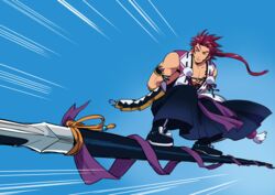  1boy arms_behind_back blue_sky commentary_request day dragon_ball dragon_ball_(classic) emphasis_lines hakama hakama_skirt japanese_clothes long_hair long_sideburns male_focus masato_(oal) parody polearm pom_pom_(clothes) ponytail purple_hair serious sideburns skirt sky sky_surfing sleeveless spear squatting surfing tao_pai_pai tonbokiri_(touken_ranbu) touken_ranbu weapon yari 