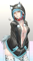  :&lt; aqua_hair breasts cleavage collarbone commentary_request contrapposto female hands_in_pockets headphones highres hood hoodie jikeshi large_breasts musical_note musical_note_print naked_hoodie open_clothes original short_hair skindentation solo standing tail thighhighs thighs white_background yellow_eyes 