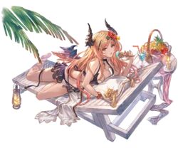  apple bare_legs barefoot basket beach_chair bikini blonde_hair bracelet breasts brown_eyes candle choker cleavage cream cup dark_angel_olivia drinking_glass drinking_straw female flower food fruit full_body gradient_hair granblue_fantasy grapes hair_flower hair_ornament hibiscus holding horns ice_cream ice_cream_cone jewelry long_hair looking_at_viewer lying medium_breasts minaba_hideo multicolored_hair official_art olivia_(summer)_(granblue_fantasy) on_stomach open_mouth orange_(fruit) orange_slice palm_leaf pillow pineapple red_hair shingeki_no_bahamut single_horn solo swimsuit table transparent_background wings 