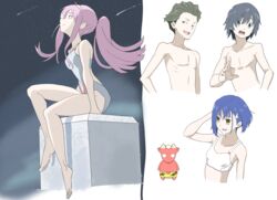  2boys 2girls absurdres bare_shoulders barefoot bikini bikini_top_only black_hair blue_hair breasts brown_hair cleavage collarbone commentary_request darling_in_the_franxx gloves green_eyes hair_ornament hairband hairclip hand_on_own_head hand_up high_ponytail highres hiro_(darling_in_the_franxx) hitsujibane horns ichigo_(darling_in_the_franxx) long_hair medium_breasts meteor_shower mitsuru_(darling_in_the_franxx) multiple_boys multiple_girls night night_sky no_nipples one-piece_swimsuit oni_horns pink_hair ponytail red_horns short_hair sitting sky small_breasts star_(sky) star_(symbol) starry_sky swimsuit thighs topless_male white_bikini white_hairband white_one-piece_swimsuit zero_two_(darling_in_the_franxx) 