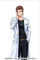  1boy bad_id bad_pixiv_id belt black_pants black_shirt blue_eyes brown_hair collarbone hair_between_eyes hand_in_pocket hand_on_own_neck hand_up heisa_gaku_koi lab_coat looking_at_viewer male_focus official_art pants pen pocket shirt solo standing watermark wii_hola 