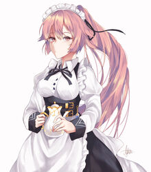  alternate_hairstyle apron black_ribbon blush breasts collared_dress commentary corset dress female frills girls&#039;_frontline hair_ribbon holding holding_teapot juliet_sleeves large_breasts long_hair long_sleeves looking_at_viewer maid maid_headdress ntw-20_(girls&#039;_frontline) ntw-20_(the_aristocrat_experience)_(girls&#039;_frontline) official_alternate_costume parang pink_eyes pink_hair ponytail puffy_sleeves ribbon sidelocks signature simple_background solo tassel teapot very_long_hair white_background 