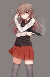  ;) arm_up blush brown_eyes brown_hair closed_mouth collared_shirt commentary_request female grey_background grey_thighhighs gun handgun highres holding holding_gun holding_weapon long_hair long_sleeves looking_at_viewer miyako_(yakob_labo) one_eye_closed original pleated_skirt red_skirt school_uniform shirt simple_background skirt smile smoke solo standing sweater_vest thighhighs tokarev_tt-33 very_long_hair weapon white_shirt yakob_labo 