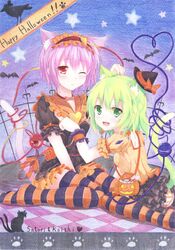  2girls :d ;( adapted_costume animal_ears arm_garter bat_(animal) black_dress black_skirt blush bow candy cat_ears cat_tail character_name checkered_floor choker commentary_request dress eyeball food frilled_shirt_collar frills green_eyes green_hair hairband halloween halloween_costume happy_halloween hat hat_bow heart heart_of_string jack-o&#039;-lantern kaenbyou_rin kaenbyou_rin_(cat) kemonomimi_mode kittona komeiji_koishi komeiji_satori lolita_hairband lollipop millipen_(medium) mini_hat mini_top_hat multiple_girls multiple_tails nekomata oerba_yun_fang open_mouth orange_bow orange_shirt paw_pose paw_print photoshop_(medium) pink_hair puffy_short_sleeves puffy_sleeves red_bow red_eyes reiuji_utsuho reiuji_utsuho_(bird) shirt short_hair short_sleeves siblings sisters sitting skirt smile star_(symbol) striped_clothes striped_thighhighs tail thighhighs third_eye top_hat touhou traditional_media two_tails wariza watercolor_pencil_(medium) wrist_cuffs zettai_ryouiki 