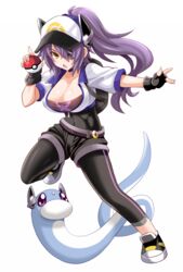  alternate_costume alternate_hair_length alternate_hairstyle baseball_cap belt black_footwear black_gloves black_shorts blush breasts choker cleavage collarbone commentary_request cosplay covered_navel crossover dratini eyepatch female female_protagonist_(pokemon_go) female_protagonist_(pokemon_go)_(cosplay) fingerless_gloves full_body gloves hat headgear highres holding holding_poke_ball kantai_collection konno_tohiro large_breasts leggings long_hair looking_at_viewer open_mouth poke_ball poke_ball_(basic) pokemon pokemon_(creature) pokemon_go ponytail purple_hair shoes shorts simple_background skin_tight tenryuu_(kancolle) white_background yellow_eyes 