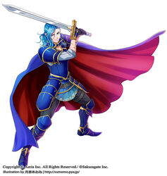  1boy armor bad_id bad_pixiv_id black_gloves blue_cape blue_eyes blue_footwear blue_hair cape cuts gloves greaves holding holding_sword holding_weapon injury long_hair looking_at_viewer male_focus official_art paranai photoshop_(medium) red_cape scar sword watermark weapon wii_hola 