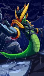  absurd_res anthro armor cel_shading cloud freedom_planet galaxytrail goshaag green_body green_scales green_skin hi_res male outside pink_eyes raining reptile scales scalie serpentine_(freedom_planet) shaded snake solo wet 