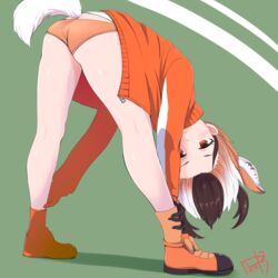  animal_ear_fluff animal_ears antlers ass bent_over brown_hair buruma commentary extra_ears female horizontal_pupils horns jacket kemono_friends kemono_friends_2 looking_at_viewer multicolored_hair orange_eyes orange_hair picolette_xiii pronghorn_(kemono_friends) simple_background solo tail track_jacket wedgie white_hair 