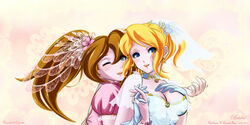  2girls alia_(rockman) bangs blonde_hair blue_eyes breasts bride brown_hair capcom choker cleavage dress earrings female flower frilled_dress frills gloves green_eyes hair_between_eyes hair_flower hair_ornament hand_holding hand_on_own_chest head_tilt high_ponytail hug hug_from_behind interlocked_fingers iris_(rockman_x) jewelry large_breasts long_hair mukaling multiple_girls one_eye_closed pale_skin parted_bangs pink_dress pink_gloves ponytail puffy_short_sleeves puffy_sleeves rockman rockman_x short_sleeves sidelocks smile teeth upper_body wedding_dress white_dress white_gloves yuri 