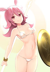  bell_(oppore_coppore) bikini bracelet breasts bright_pupils commentary_request fate/grand_order fate_(series) female head_wings highres hildr_(fate) holding holding_polearm holding_shield holding_weapon jewelry long_hair navel pink_hair polearm red_eyes shield small_breasts smile solo spear standing swimsuit valkyrie_(fate) weapon white_bikini wings 