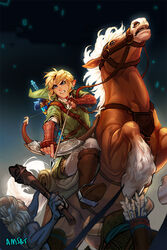  1boy arrow_(projectile) battle bow_(weapon) club_(weapon) commentary_request earrings epona fingerless_gloves gloves hat highres horse horseback_archery horseback_riding jewelry left-handed link male_focus manda_schank master_sword moblin quiver rearing riding saddle sheath sheathed solo_focus sword the_legend_of_zelda the_legend_of_zelda:_twilight_princess tunic vambraces weapon weapon_on_back 