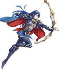  aiming armor armored_boots arrow_(projectile) belt blue_eyes blue_hair boots bow_(weapon) breastplate cape closed_mouth female fire_emblem fire_emblem_awakening fire_emblem_heroes full_body gauntlets highres holding holding_bow_(weapon) holding_weapon jewelry leg_up long_hair looking_away lucina_(fire_emblem) lucina_(glorious_archer)_(fire_emblem) non-web_source official_art shoulder_armor shoulder_pads sidelocks solo transparent_background weapon yamada_koutarou 