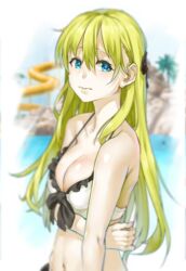  bikini blonde_hair blue_eyes blurry breasts cleavage closed_mouth commentary embarrassed female gamers! hair_between_eyes highres long_hair looking_away medium_breasts nack navel solo swimsuit tendou_karen 