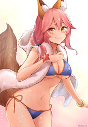  animal_ears bad_id bad_pixiv_id bikini blue_bikini breasts cleavage fate/grand_order fate_(series) female fox_ears fox_tail highres large_breasts long_hair looking_at_viewer navel pink_hair side-tie_bikini_bottom simple_background smile solo string_bikini swimsuit tail tamamo_(fate) tamamo_no_mae_(swimsuit_lancer)_(fate) tamamo_no_mae_(swimsuit_lancer)_(third_ascension)_(fate) yellow_eyes yukihama 