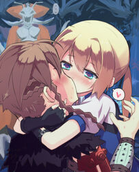  ... 1boy @_@ arms_around_neck blonde_hair blue_eyes blush commentary_request dr.pepper_(no3isnotno3) female fingerless_gloves frederica_irving gameplay_mechanics gloves heart highlander_(sekaiju) kissing queen_ant_(sekaiju) sekaiju_no_meikyuu shin_sekaiju_no_meikyuu spoken_heart straight 