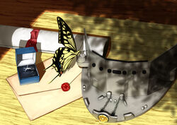  bench box bug butterfly commentary dappled_sunlight diploma jewelry kantai_collection letter nanao_(aoyamahikari) no_humans ribbon ring ryuujou_(kancolle) still_life sunlight swallowtail_butterfly tree_shade visor_cap wedding_ring 