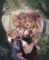  2girls alice_margatroid apron black_hat black_skirt black_vest blonde_hair blue_dress bow bowtie braid closed_eyes commentary dress forest hair_ribbon hairband hand_on_headwear hat highres hot kirisame_marisa light_rays lolita_hairband multiple_girls nature puffy_short_sleeves puffy_sleeves purple_ribbon red_bow red_bowtie ribbon shanghai_doll short_sleeves single_braid skirt sunbeam sunlight sweat thkani touhou tree tress_ribbon vest waist_apron witch_hat yellow_eyes 