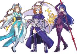  3girls :d aqua_bow aqua_kimono arm_up armor armored_dress banner blue_dress blue_eyes blue_hair blue_thighhighs bodysuit bow breasts breasts_apart brown_hair commentary cosplay covered_navel dress fate_(series) floating_hair full_body gauntlets hair_between_eyes hairbow high_heels holding holding_sword holding_weapon japanese_clothes jeanne_d&#039;arc_(fate) jeanne_d&#039;arc_(ruler)_(fate) jeanne_d&#039;arc_(ruler)_(fate)_(cosplay) kelinch1 kimono kiyohime_(fate) kiyohime_(fate)_(cosplay) kosaka_honoka leg_up long_hair looking_at_viewer love_live! love_live!_school_idol_project medium_breasts minami_kotori multiple_girls obi one_side_up open_mouth orange_eyes polearm sash scathach_(fate) scathach_(fate)_(cosplay) simple_background smile sonoda_umi spear standing sword thighhighs very_long_hair weapon white_background white_legwear 