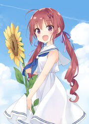  :d ahoge blush cloud commentary_request day dress female flower hair_ornament hair_ribbon hazuki_watora kani_biimu long_hair looking_at_viewer low_twintails oerba_yun_fang open_mouth original outdoors purple_eyes purple_ribbon red_hair ribbon sailor_collar sailor_dress sidelocks sky sleeveless sleeveless_dress smile solo sunflower twintails white_dress 