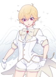  1boy angel_wings bad_id bad_twitter_id battle_lover_scarlet binan_koukou_chikyuu_bouei-bu_love! blonde_hair coattails gloves hair_between_eyes hakone_yumoto highres looking_down magical_boy male_focus pink_eyes saccuv shorts wings 