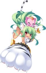  animal animal_ears animal_hands animal_on_head cat_ears earrings elephant female floating_hair full_body gloves green_hair highres holding holding_weapon jewelry koihime_musou kuwada_yuuki long_hair looking_at_viewer moukaku non-web_source oerba_yun_fang official_art on_head open_mouth paw_gloves paw_shoes paw_stick red_eyes solo tail transparent_background weapon 