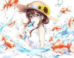  blue_eyes breasts brown_hair commentary_request dress eating female fish flower food from_side goldfish hair_bun hat hat_flower hat_ribbon highres holding long_hair looking_at_viewer looking_to_the_side medium_breasts open_mouth original popsicle ribbon scrunchie sena_tea29 single_hair_bun sleeveless sleeveless_dress solo straw_hat sundress sunflower teeth upper_body water water_drop white_dress wrist_scrunchie 