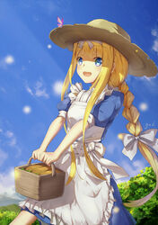  :d alice_zuberg apron artist_name basket blonde_hair blue_eyes blue_shirt blue_skirt blue_sky braid commentary_request day female hairband hat highres holding holding_basket long_hair open_mouth outdoors shirt short_sleeves sidelocks single_braid skirt sky smile solo standing straw_hat sun_hat sword_art_online very_long_hair white_apron white_hairband yeh_(354162698) 