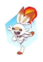  2019 absurd_res buckteeth fire fur generation_8_pokemon hi_res lagomorph mammal nintendo open_mouth pokemon pokemon_(species) pose scorbunny simple_background solo standing starampharos teeth 