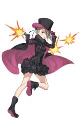  adjusting_clothes adjusting_headwear ange_(princess_principal) asymmetrical_hair black_footwear black_gloves black_hat blue_eyes braid breasts cape explosion female frilled_skirt frills full_body gloves grey_hair gun handgun hat highres holding holding_gun holding_weapon looking_at_viewer looking_back makaria official_art princess_principal princess_principal_game_of_mission revolver running shoes skirt small_breasts solo top_hat transparent_background weapon webley-fosbery_automatic_revolver 