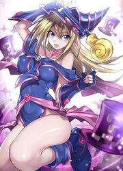  :d absurdres bad_id bad_pixiv_id bare_shoulders blonde_hair blue_eyes blue_footwear blue_gloves blurry boots breasts choker commentary dark_magician_girl depth_of_field duel_monster female fingerless_gloves gloves hat highres holding holding_staff large_breasts long_hair looking_at_viewer magical_hats_(yu-gi-oh!) maruchi open_mouth pentacle smile solo staff thighs v-shaped_eyebrows wizard_hat yu-gi-oh! 