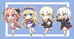  1boy 1other 2girls absurdres ahoge androgynous artoria_pendragon_(fate) astolfo_(fate) astolfo_(sailor_paladin)_(fate) black_bow blonde_hair blue_eyes blush bow braid burger cavall_the_2nd chevalier_d&#039;eon_(fate) chevalier_d&#039;eon_(maid_knight)_(fate) commentary_request fate/apocrypha fate/grand_order fate/stay_night fate_(series) food french_braid fur_trim hair_ribbon highres jako_(jakoo21) jeanne_d&#039;arc_alter_(fate) jeanne_d&#039;arc_alter_(ver._shinjuku_1999)_(fate) long_hair multicolored_hair multiple_girls oerba_yun_fang official_alternate_costume open_mouth otoko_no_ko pink_hair purple_eyes red_sailor_collar red_skirt ribbon saber_alter saber_alter_(ver._shinjuku_1999)_(fate) sailor_collar school_uniform serafuku single_braid skirt smile streaked_hair yellow_eyes 