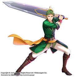  1boy bad_id bad_pixiv_id belt boots bracer brown_footwear full_body green_hair holding holding_sword holding_weapon looking_at_viewer male_focus official_art over_shoulder pants paranai photoshop_(medium) simple_background solo standing sword watermark weapon white_pants wii_hola yellow_eyes 