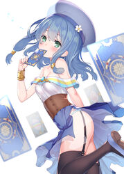  arm_up ass bare_shoulders blue_hair blue_panties blue_skirt blush breasts brown_thighhighs card closed_mouth coffee_cat commentary_request covered_mouth endro! female flower from_side garter_straps gem green_eyes hair_between_eyes hair_ornament hairband hat holding holding_card jewelry leg_up long_hair looking_at_viewer looking_to_the_side meiza_endust multicolored_clothes off-shoulder_shirt off_shoulder panties see-through shirt shoes sidelocks skirt small_breasts solo standing thighhighs underwear white_flower 