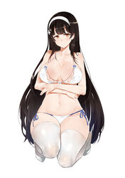  absurdres artist_name bad_id bad_pixiv_id bikini black_hair breasts brown_eyes cleavage closed_mouth commentary_request dickbomber female front-tie_bikini_top front-tie_top full_body girls&#039;_frontline hairband highres kneeling korean_commentary large_breasts long_hair looking_at_viewer official_alternate_costume side-tie_bikini_bottom simple_background smile solo swimsuit thighhighs type_95_(girls&#039;_frontline) type_95_(summer_cicada)_(girls&#039;_frontline) very_long_hair white_background white_bikini white_thighhighs 