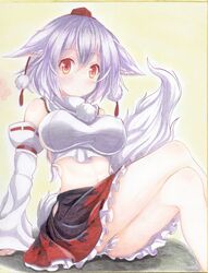  animal_ears arm_garter arm_support bare_shoulders blush breasts closed_mouth commentary_request crop_top crossed_legs detached_sleeves female frilled_skirt frills grey_hair hat hip_vent inubashiri_momiji kittona long_sleeves looking_at_viewer medium_breasts midriff miniskirt navel orange_eyes pom_pom_(clothes) shikishi shirt short_hair sideboob sitting skirt solo tail tied_shirt tokin_hat touhou traditional_media watercolor_pencil_(medium) wide_sleeves wolf_ears wolf_tail 