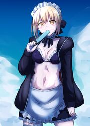  apron artoria_pendragon_(alter_swimsuit_rider)_(fate) artoria_pendragon_(alter_swimsuit_rider)_(second_ascension)_(fate) artoria_pendragon_(fate) bikini black_bikini blonde_hair blush breasts commentary_request eating fate/grand_order fate_(series) female food food_in_mouth highres ice_cream jacket looking_at_viewer maid maid_bikini maid_headdress medium_breasts mouth_hold navel popsicle senshiya short_hair solo swimsuit unconventional_maid yellow_eyes 